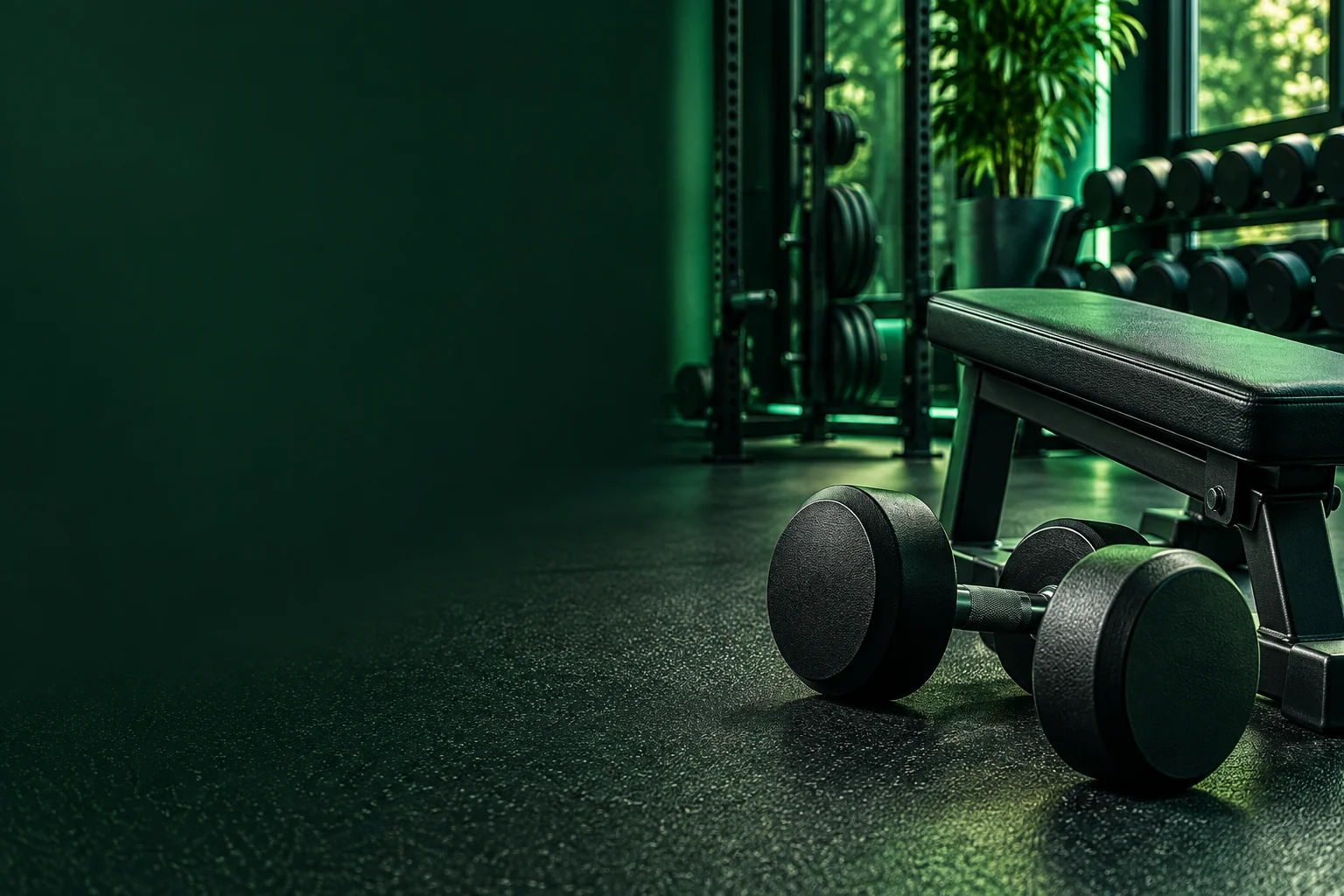 Yeşil ışıklı spor salonunda antrenman ekipmanları